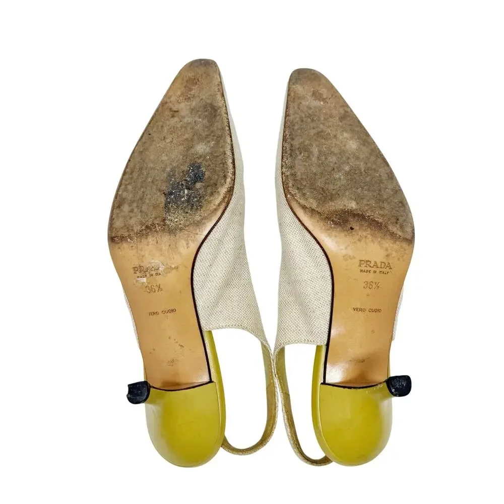 Prada Slingback Heels Canvas Bow Beige Chartreuse Green Pointed Toe 36.5 - Picture 4 of 6